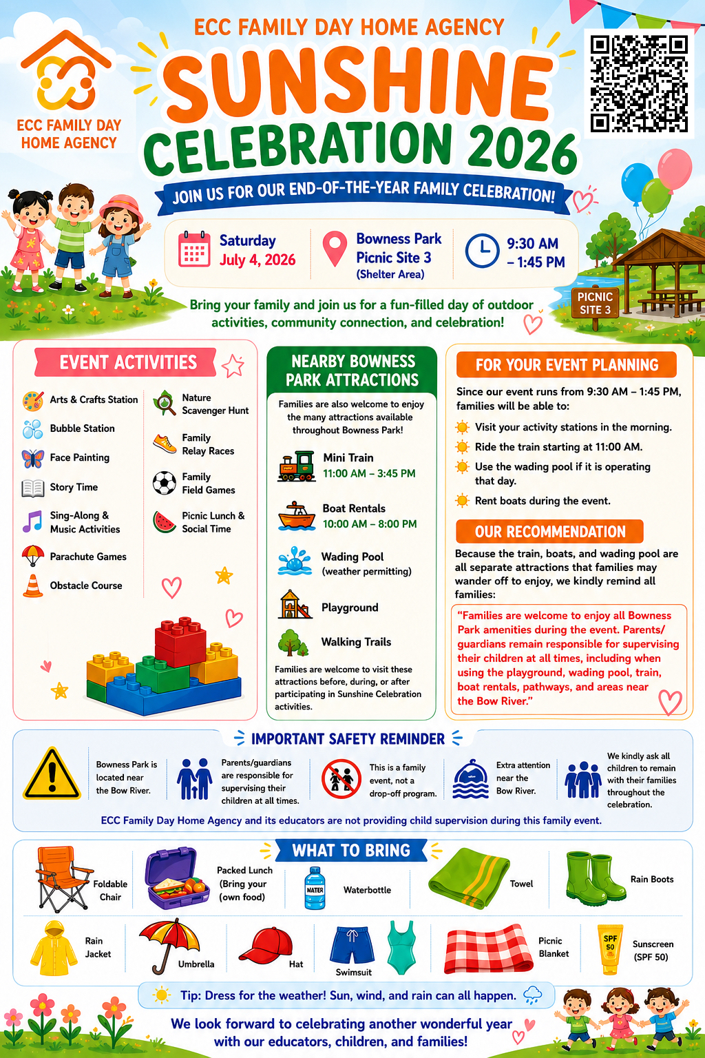Sunshine Celebration 2026 event poster with date, location, activities, safety reminders, and what to bring